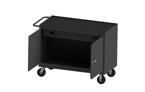 Mobile Bench Cabinet With 6 Inch X 2 Inch Phenolic Casters (2) Rigid And (2) Swivel 1 Shelf 1 Drawer And 2 Doors Black Rubber Mat Top Work Surface With Tubular Push Handle Gray