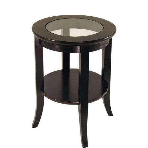 Oakestry Genoa Round End Table Espresso Solid Wood Frame Tempered Glass Top Living Room Accent Furniture Compact Side Table with Lower Shelf Flared Leg Composite Wood Construction for Small Spaces
