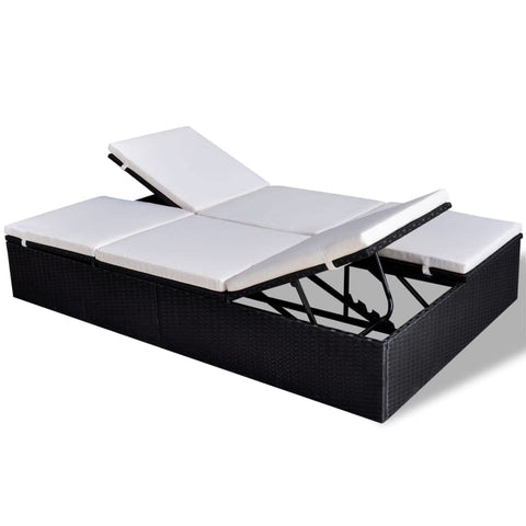 vidaXL Patio Bed, Outdoor Daybed with Cushions, Wicker Rattan Outdoor Patio Double Chaise Lounge Bed for Garden Lawn, Modern Style, Poly Rattan Black