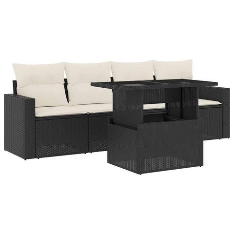 vidaXL Patio Sofa Set with Cushions 5 Piece, Garden Lounge Set, Outdoor Conversation Set, Sectional Sofa for Garden, Modern Style, Black Poly Rattan