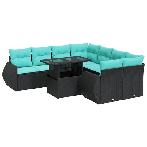 vidaXL 9 Piece Patio Sofa Set with Cushions Black Poly Rattan Acacia, Garden Sofa Set, Garden Lounge Set, Poly Rattan Sofa Set, Outdoor Sofa Set