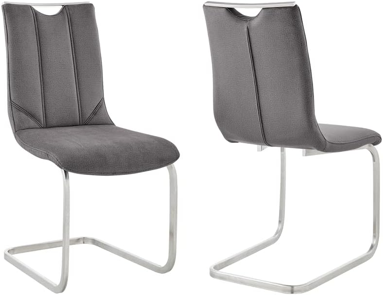Armen Living Pacific Dining Room Accent Chair Fabric and Brushed Finish-Set of 2, 20&#34; Seat Height, Stainless Steel/Grey