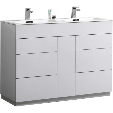 Oakestry Milano 48-Inch Double Sink Bathroom Vanity High Gloss White Modern Freestanding Cabinet with Storage Soft Close Drawers Contemporary Double Vanity with Sinks