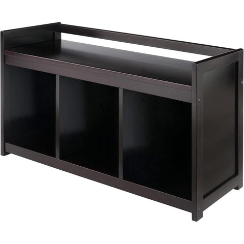 Oakestry Addison Bench Espresso Finish Solid Composite Wood Construction Rich Espresso Finish Stylish Freestanding Bench with Three Open Storage Compartments Ideal for Entryway Living Room Bedroom