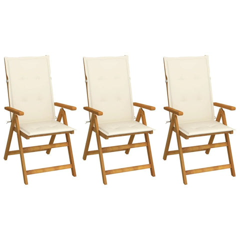 vidaXL 3-Piece Folding Patio Chair Set with Cream Cushions - Adjustable Reclining Position, Solid Acacia Wood, Retro Style, Oil-Finished, Lightweight and Portable - Ideal for Garden, Terrace or Patio