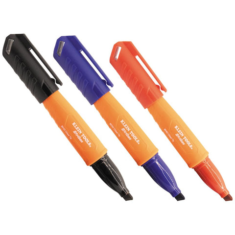 KLEIN TOOLS 861923 Skribes Permanent Markers, Chisel Tip, Professional-Grade Ink, Jobsite Marker for Wet, Dry and Oily Surfaces, Assorted Colors, 3-Pack