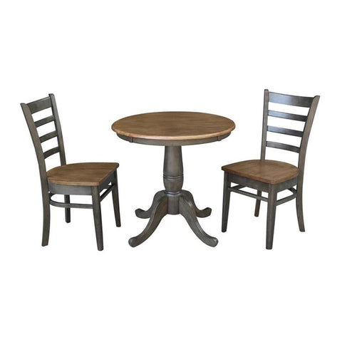 IC INTERNATIONAL CONCEPTS 30" Round Wood Table with 2 Emily Chairs in Hickory & Washed Coal - 3 Piece Set