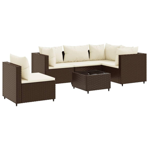 vidaXL 6-Piece Patio Lounge Set â€“ Brown Poly Rattan, Cushions, Modular Design, Tempered Glass Tabletop, Garden Furniture for Terrace, Outdoor, Lawn