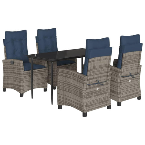 vidaXL 5-Piece Poly Rattan Patio Dining Set - Gray Outdoor Furniture with Adjustable Recliners, Tempered Glass Table, and Navy Cushions