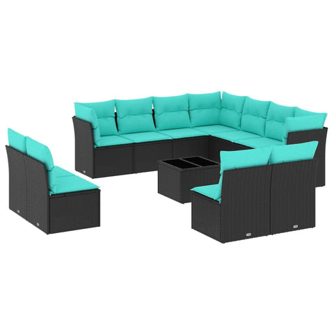 vidaXL Patio Sofa Set with Cushions 12 Piece, Sectional Sofa with Glass Table, Outdoor Conversation Set, Modern Style, Black Poly Rattan