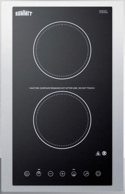 115V 2-burner cooktop in black ceramic Schott glass with digital touch controls and stainless steel frame to allow installation in 15 wide counter cutouts