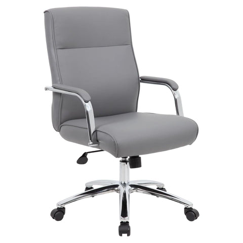 Oakestry Grey Executive Office Chair Ergonomic High Back Seating Padded Cushions Upholstered Supportive Design Adjustable Height Swivel Chrome Base Stylish Armrests Commercial Workspace Solution