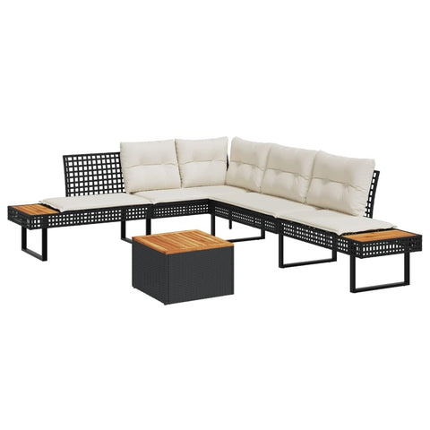 vidaXL Patio Sofa Set with Cushions 2 Piece, Outdoor Conversation Set, Table and L-Shaped Sofa for Garden, Modern Style, Black Poly Rattan and Acacia