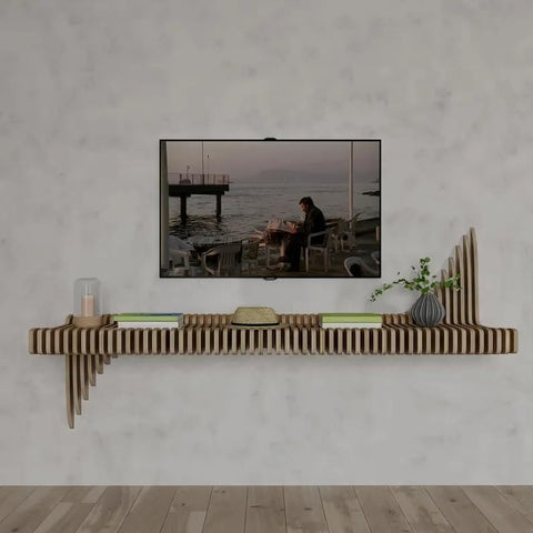 Parametric 65 inch Floating Shelf TV Unit Modern Geometric Wooden Wall Piece Decor Natural Oak Color 3D Wavy Living and Gaming Room Shelf