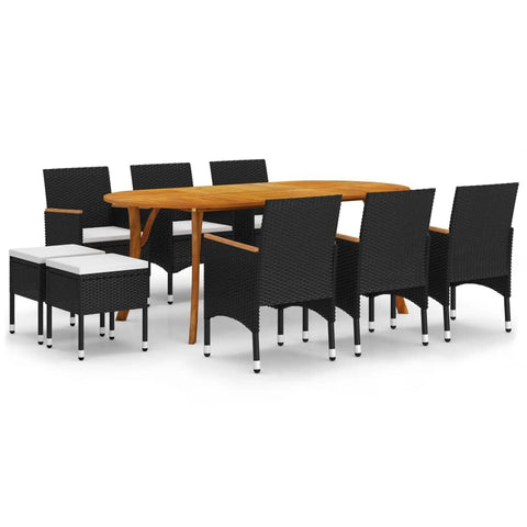 vidaXL 9-piece Patio Dining Set - Acacia Wood Table/Weather- PE Rattan Chairs - Black/Cream - Modern Outdoor Furniture for Garden/Deck - Table 79x39x30in with Cushions