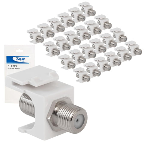 ICC F-Type Keystone Jack, Nickel Plated 2 GHz Coax Jack, Female to Female, RG6 RG59 Compatible, Coaxial Wall Plate Insert, White, 25-Pack