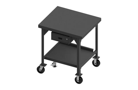 Mobile Workbench 48 x 30 3/16 Inch Steel Top with Angle Iron Frame Floor Lock Bottom Shelf with Back Stop 1 Drawer 3600 lbs. Capacity 6 Inch x 2 Inch Phenolic Casters (2) Rigid (2) Swivel Gray