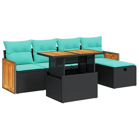 vidaXL 6 Piece Patio Sofa Set with Cushions Black Poly Rattan Acacia, Garden Sofa Set, Garden Lounge Set, Poly Rattan Sofa Set, Outdoor Sofa Set