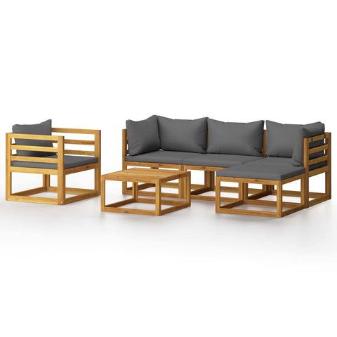vidaXL Modern Patio Lounge Set: 6 Pieces, Solid Acacia Wood, Dark Gray Cushions, Includes Table, Sofas, Armchair & Footrest.