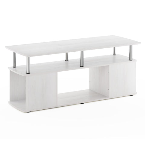 Furinno JAYA TV Stand, 3-Tier Entertainment Center with Open Shelf, TV Console for TV up to 50 Inch with Side Open Storage Compartments, for Living Room, Bedroom, White Oak/Stainless Steel Tubes