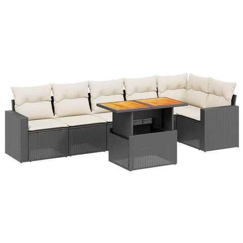 vidaXL 7 Piece Garden Sofa Set with Cushions Black and Cream UV Resistant PE Rattan Height Adjustable Table Stylish Outdoor Sectional Furniture for Patio Terrace Poly Lounge Modular Conversation
