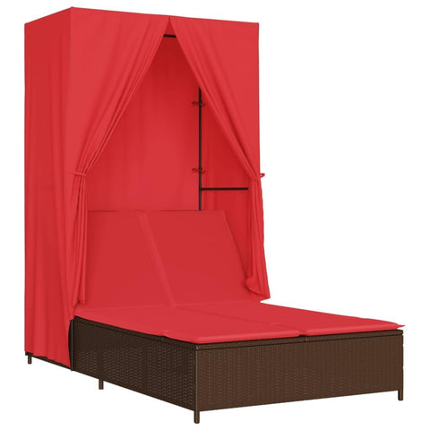 vidaXL Double Sun Lounger with Roof and Curtains, Daybed for Outdoor Garden Patio, Sunbed, Chaise Lounge Chair, Modern Style, Brown Poly Rattan