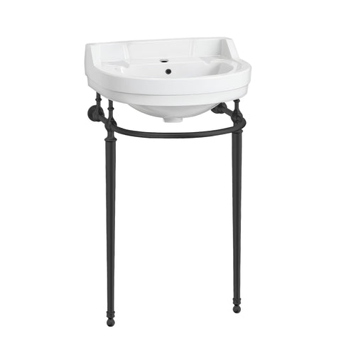 22 Inch Semi Circular Bowl Wall Mount Bathroom Vanity Sink with Brass Supporting Leg, 1 Hole Faucet Opening, Backsplash, Overflow and Included Front Towel Bar Rack, White with Matte Black Legs