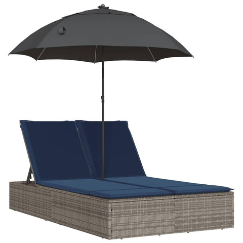 vidaXL Patio Double Sun Lounger with Cushions and Parasol, Outdoor Chaise Lounge Chair for Beach Pool, Daybed, Sunbed, Modern Style, Gray Poly Rattan