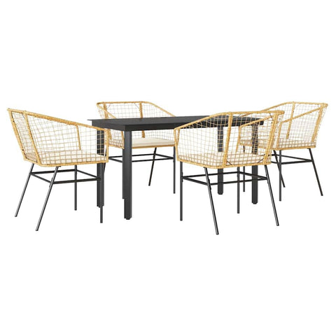 vidaXL 5 Piece Patio Dining Set with Cushions - Brown Poly Rattan - Elegant Glass Table - Outdoor/Garden Furniture
