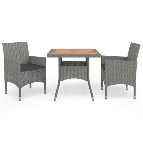 vidaXL 3-Piece Scandinavian Style Patio Dining Set in Gray and Brown, Made of Weather-resistant Poly Rattan, Durable Acacia Wood - Includes Removable Cushions with Zip Design and Table with Square Top