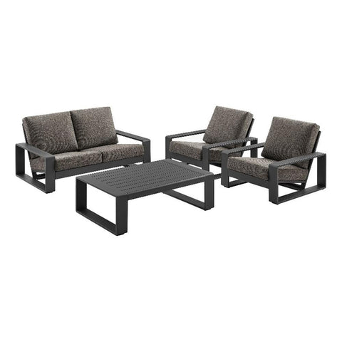 Modway Lirienne Aluminum 4-Piece Backyard Furniture Set in Smoke – Patio Conversation Set with 2 Armchairs, Loveseat & Coffee Table