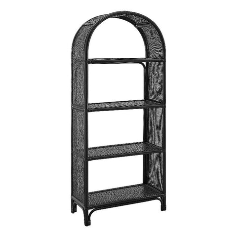 Modway Celeste Tall Arched 67 Inch Wood and Natural Rattan Bookcase in Black – Tall Open Back Bookshelf with 6 Shelves for Living Room, Bedroom, Office