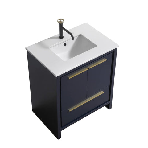 KubeBath Dolce 30? Blue Modern Bathroom Vanity with White Quartz Counter-Top