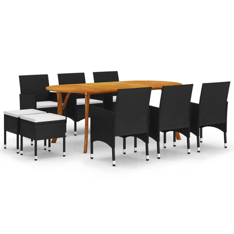 vidaXL 9-Piece Black Patio Dining Set with Acacia Wood Table & PE Rattan Chairs - Modern Outdoor Garden Deck Furniture