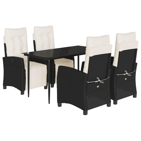 vidaXL 5 Piece Black Poly Rattan Patio Dining Set with Adjustable Cushions and Glass Tabletop for Garden or Backyard