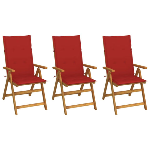 vidaXL Acacia Wood Outdoor Recliner Chairs with Red Cushions-3 Pcs, Adjustable 5-Position, Elegant Retro Design, Foldable Patio Seating