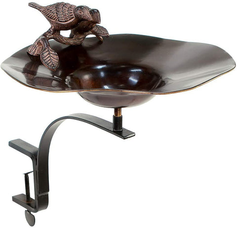 Oakestry BB-02AB-RM Antiqued Birds w Mount Bracket Railing Birdbath Copper Black Bird Drinking Feeder Bowl for Garden Yard Patio Decor