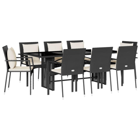 vidaXL 9-Piece Poly Rattan Patio Dining Set with Cushions - Black, Glass Tabletop, Weather-Resistant, for Garden, Backyard, Patio