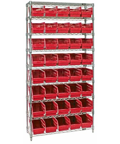 Quantum Storage Systems WR9-206RD 9-Tier Complete Wire Shelving System with 40 QSB206 Red Store-More Bins, Chrome Finish, 24" Width x 36" Length x 74" Height