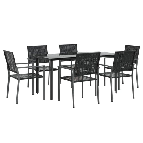 vidaXL 7 Piece Modern Patio Dining Set - Black Poly Rattan and Steel Outdoor Furniture with Armrest Chairs and Tempered Glass Tabletop