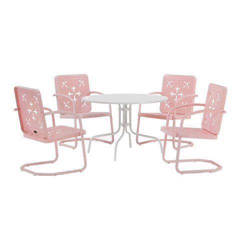 Crosley Furniture Azalea 5-Piece Vintage Outdoor Dining Set for 4, Retro Metal Round Patio Table and Chairs, Pastel Pink Gloss/White Satin
