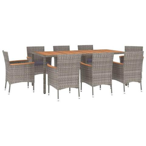 vidaXL 9 Piece Patio Dining Set - Gray PE Rattan, Acacia Wood Tabletop, Powder-Coated Steel Frame, Cushioned Seats