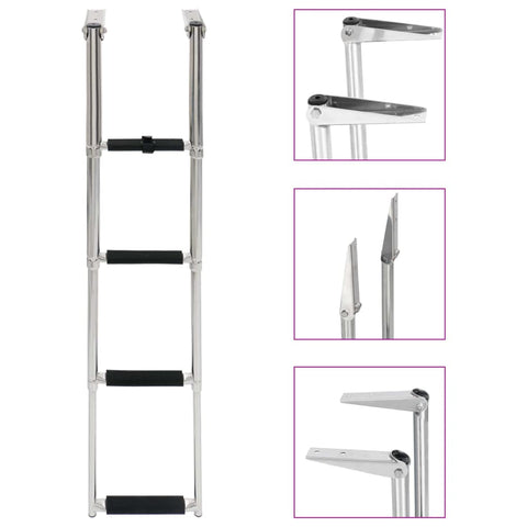 vidaXL Telescopic Folding Boarding Ladder - 4-Step Stainless Steel - Compact, High Strength, Slip-Proof Tread, with Mounting Accessories.
