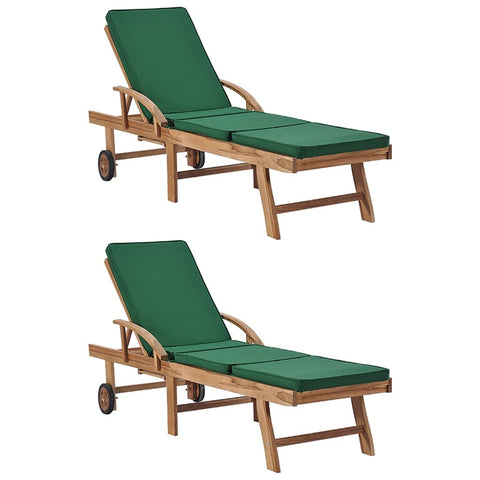 vidaXL Classic Sunloungers with Cushions 2 pcs - Solid Teak Wood in Warm Finish - Green Polyester Cushions - Adjustable Backrest & Footrest - Convenient Sliding Tables - Suitable for Garden/Patio/...