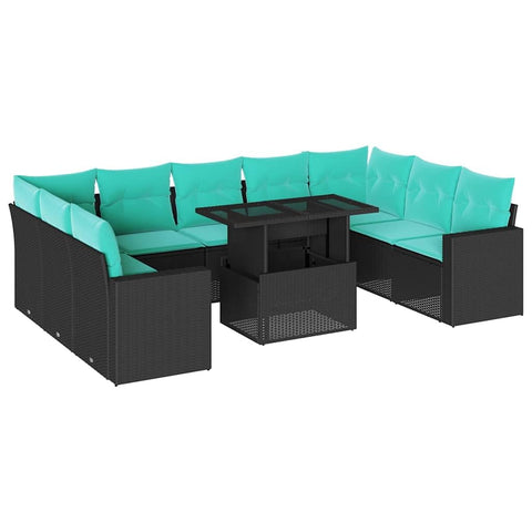 vidaXL 10 Piece Garden Sofa Set with Cushions Black Poly Rattan
