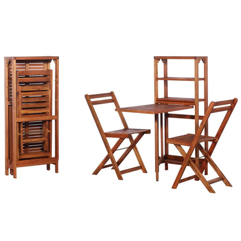 vidaXL Solid Acacia Wood 3 Piece Bistro Set - Folding Outdoor Patio Furniture with Storage Rack/Table Combo - Brown