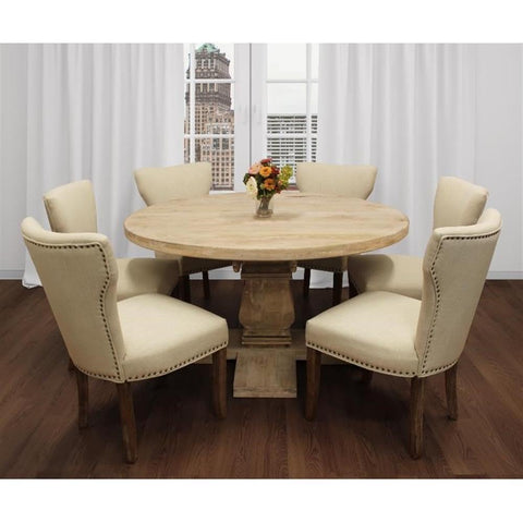 Moti Benedict 7-Piece Dining Set with 58" Dining Table and 6 Ivory Upholstered Chairs