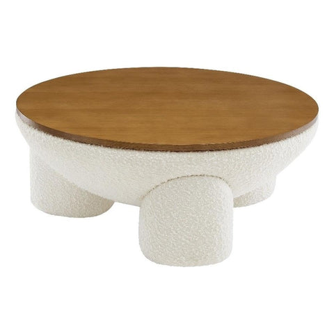 Modway Tridome Large Round Upholstered Boucle Fabric Coffee Table with Storage in Natural Ivory - 31 Inch Accent Table with Wood Top - Low Center Table for Living Room - Modern Drum Coffee Table