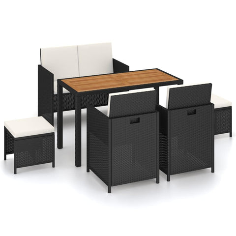 vidaXL 6-Piece Patio Dining Set with Poly Rattan and Acacia Wood - Black Outdoor Furniture with Cushions and Weather- Material for Garden Dining