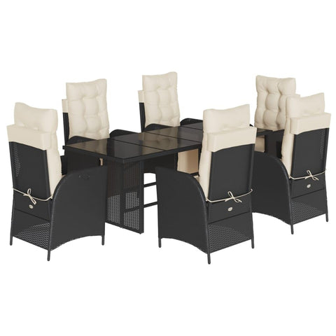 vidaXL 7 Piece Patio Dining Set with Cushions - Black Poly Rattan, Glass Tabletop, Adjustable Reclining Chairs for Garden, Backyard, Patio